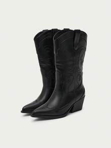 Nöista Classic Western Boot With Embroidered Detailing, Pointed Toe, Side Zip Closure And Stacked Block Heel For All-Day Wear. Fall Boots - Black - View 1