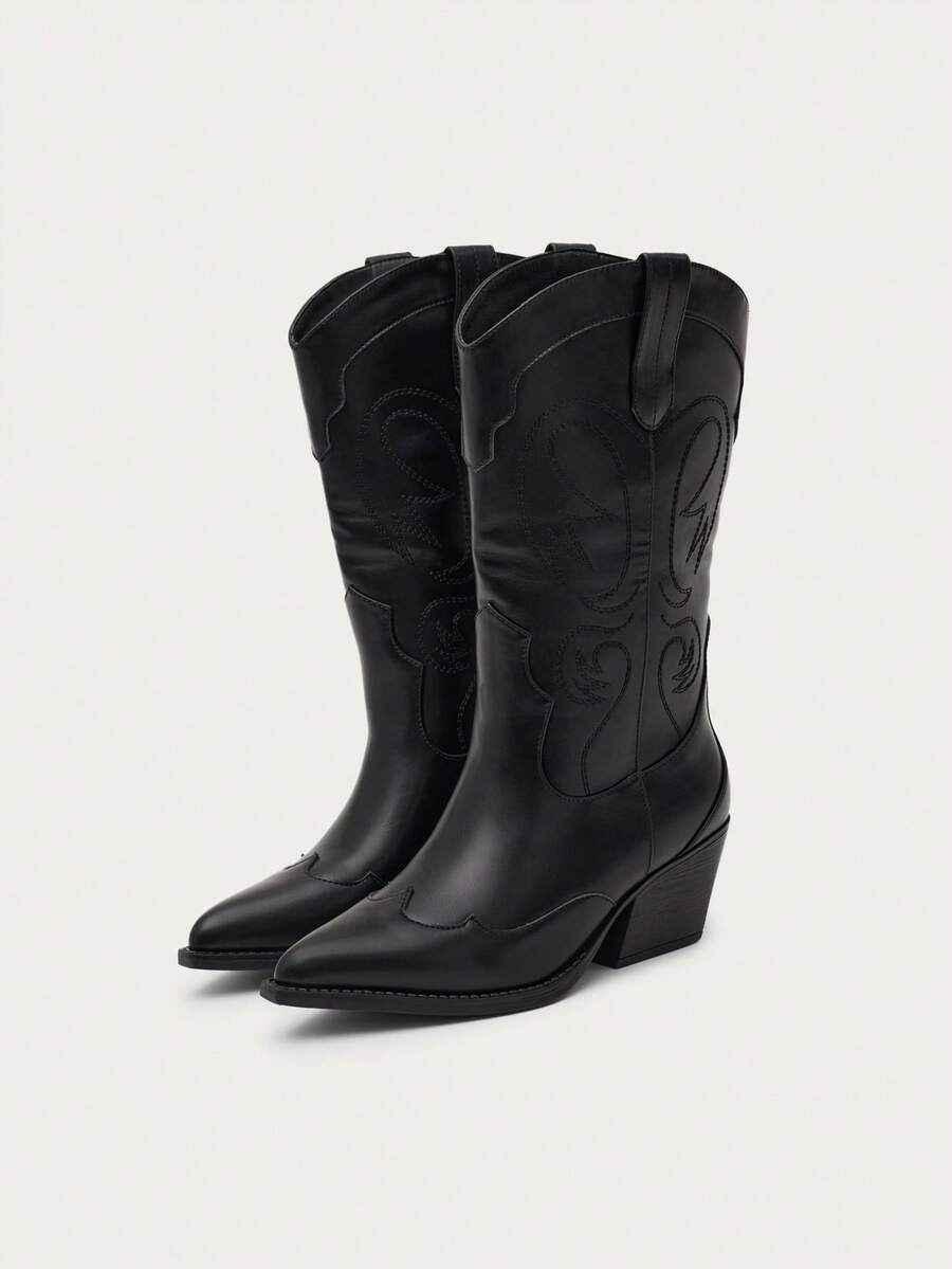 Nöista Classic Western Boot With Embroidered Detailing, Pointed Toe, Side Zip Closure And Stacked Block Heel For All-Day Wear. Fall Boots - Black - View 1