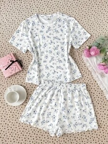 SHEIN 兒童青少年女孩小碎花圓領T恤短褲家居服套裝，休閒舒適居家服 - 藍色 - 查看 7