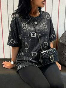BamGleam Plus Size Women's All-Over Print Crew Neck Short Sleeve T-Shirt Music Festivals Black White Summer 90s Casual Going Out Formal - Black - View 2