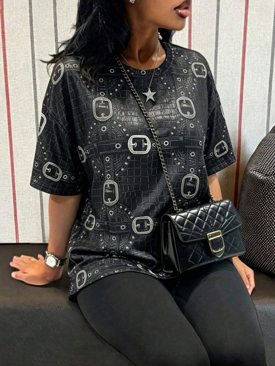 BamGleam Plus Size Women's All-Over Print Crew Neck Short Sleeve T-Shirt Music Festivals Black White Summer 90s Casual Going Out Formal
