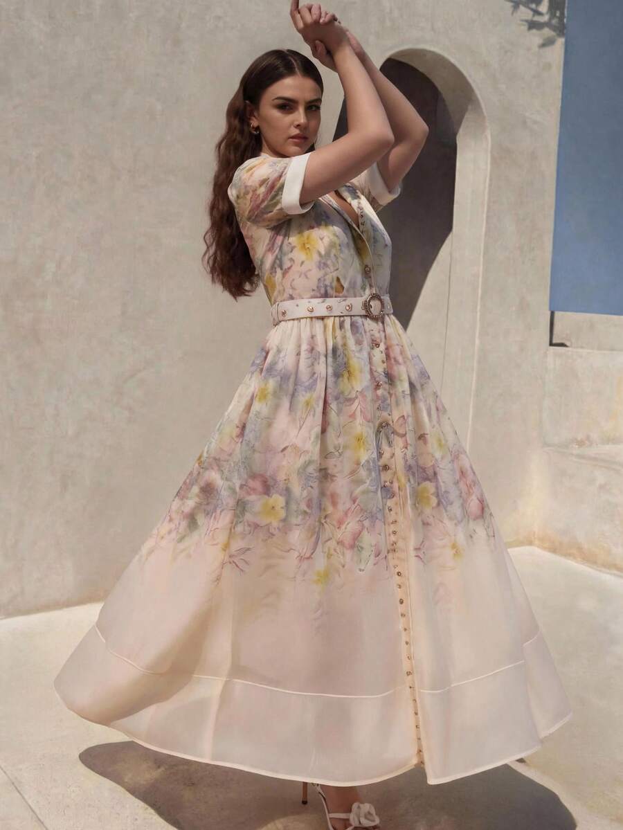 Anewsta Frühling/Sommer eleganter Stil helles Apricot hochwertig positioniert bedrucktes Kurzarm-Hemdkleid mit geraffter Taille und Bindung vorne, Damen-Maxikleid in großen Größen - Verschiedenfarbig - Übersicht 1