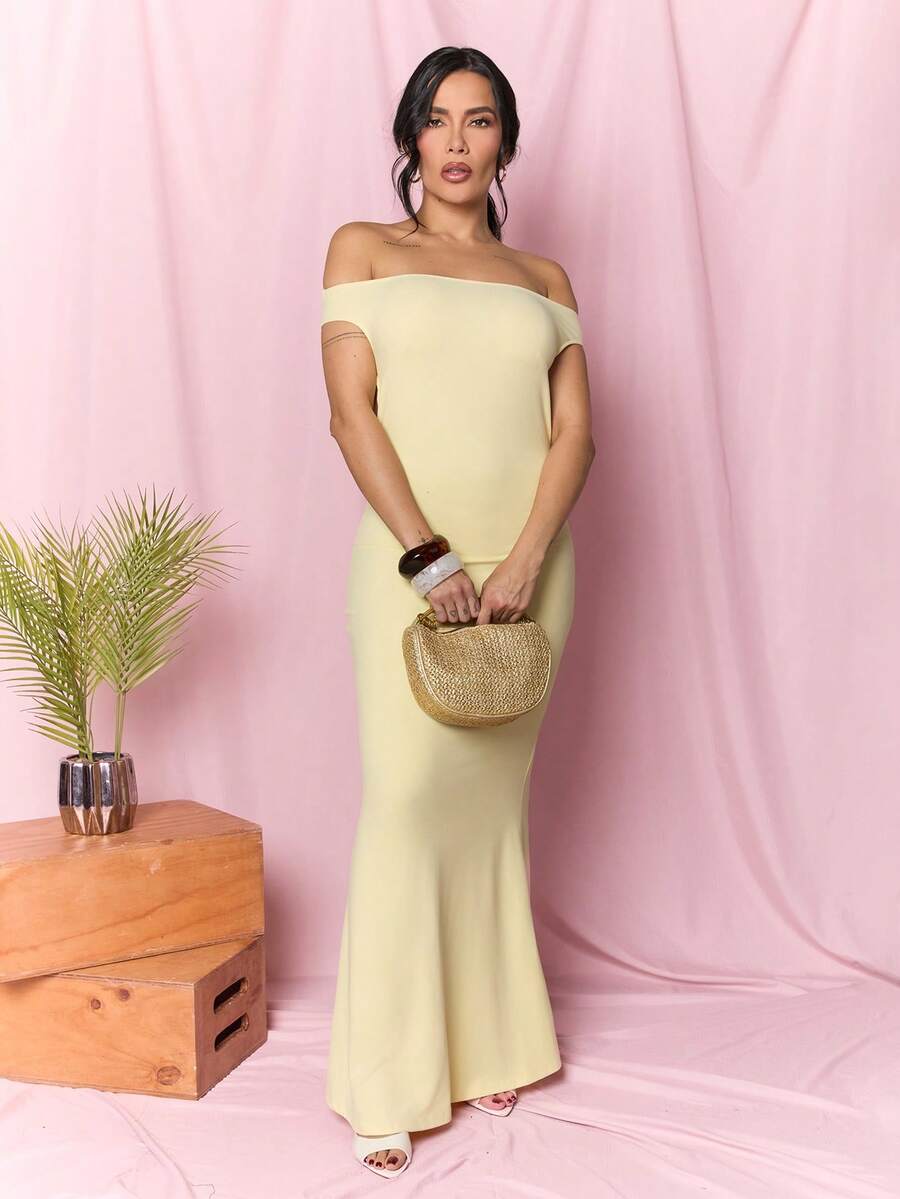 Dania Mndz Shop White Wedding Season Backless Ruched Off Shoulder Bodycon Dress For Women,Summer Dresses ,Party Yellow Guest Elegant