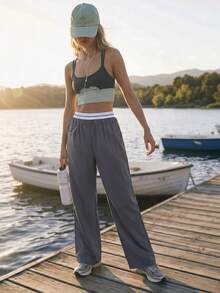 WanderVale Women's Woven Low-Stretch Solid Color Patchwork Waist Casual Long Pants - Dark Grey - View 4