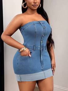 Slaydiva Plus Size Women's Outdoor Strapless Wide Cuff Denim Dress - Medium Wash - View 4