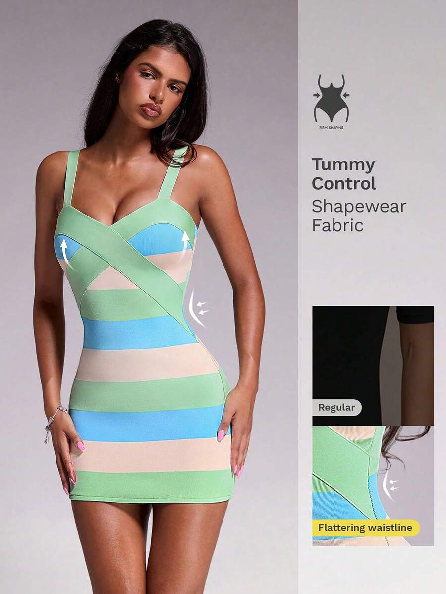 Nuvra 對比色條紋細肩帶貼身緊身洋裝 - 彩色 - 查看 1