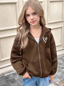SHEIN Serisse Kids 青少年女孩秋冬休閒針織連帽愛心印花毛茸茸拉鍊口袋運動外套，適合週末、休閒外出、返校穿著 - 咖啡棕 - 查看 8