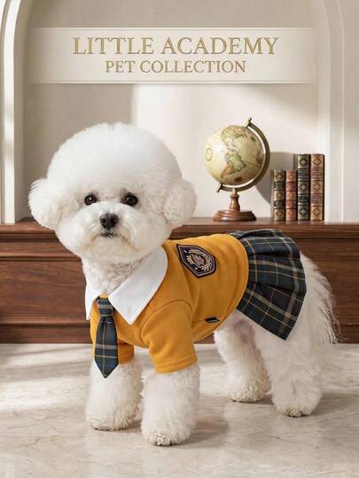 PETSIN Preppy Plaid Pet School Uniform Dress, White Collar Tie Design Pleated Skirt Puppy Outfit, Cute Small Dog Cat JK Costume For Daily Birthday Party
