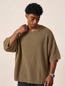 TOKVUE Fashionable Men's Solid Color Crew Neck Dropped Shoulder Knit Top - Camel - View 1