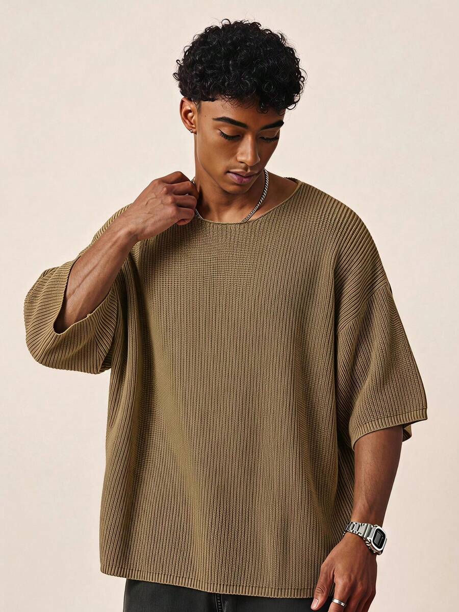 TOKVUE Fashionable Men's Solid Color Crew Neck Dropped Shoulder Knit Top - Camel - View 1