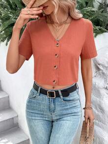 Breezaya Blusa con botones frontales sólidos, blusas de mujer, tops de manga corta - Óxido marrón - Ver 4