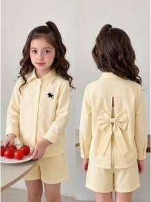 SHEIN Young Girls Shirt Set, Light Yellow Fine Striped Woven Set, Collared Shirt With Small Horse Pattern Detail On Chest, Hollow Back With Large Bow, Elastic Waist Shorts Matching Set, Smooth And Skin-Friendly Fabric, Gentle And Fresh, Simple And Exquisite For Daily Wear - Pink - View 3