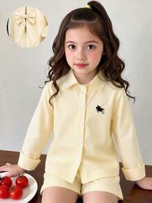 SHEIN Young Girls Shirt Set, Light Yellow Fine Striped Woven Set, Collared Shirt With Small Horse Pattern Detail On Chest, Hollow Back With Large Bow, Elastic Waist Shorts Matching Set, Smooth And Skin-Friendly Fabric, Gentle And Fresh, Simple And Exquisite For Daily Wear - Pink - View 4