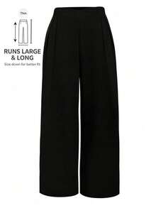 SHEIN Tall CURVE 大码女式弹性腰部百搭休闲直筒阔腿裤 - 黑色 - 查看 1
