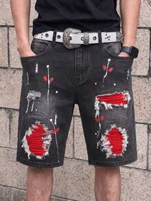 Manfinity LEGND Men's Casual Daily Travel Denim Shorts With Pocket, Button And Distressed Design - Black - View 3