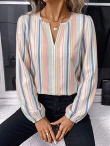 SHEIN LUNE Casual Minimalist Colorful Faux Texture Striped All-Over Print Pattern Women's Shirt Suitable For Spring And Autumn - Multicolor - View 4