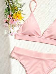 Swim Basics 女款夏季海灘純色細肩帶性感比基尼三角褲兩件式泳衣套裝 - 淺粉色 - 查看 4