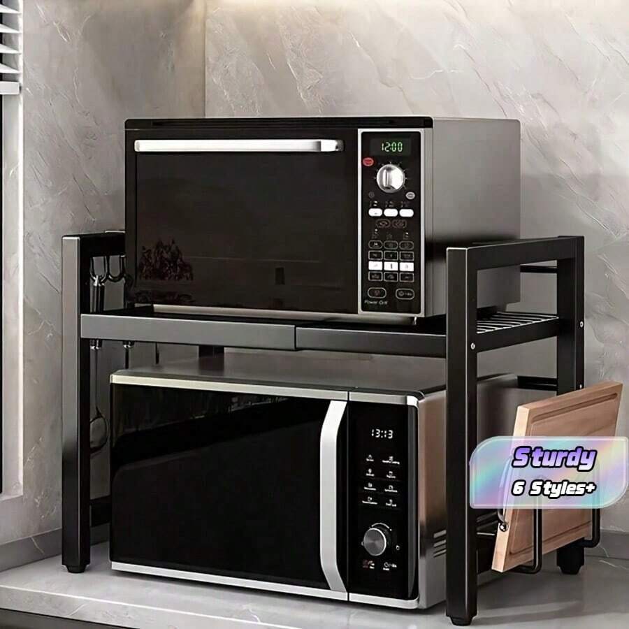 1pc Adjustable Heavy Duty Carbon Steel Kitchen Storage Rack, Expandable Microwave Stand, Multi-Functional Countertop Organizer, Space-Saving Cabinet And Sink Top Shelf, Suitable For Cookware, Small Appliances And Home Storage - Multicolor - View 1