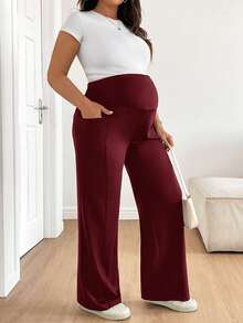 Plussiva 大尺碼孕婦純色可調腰帶休閒長褲附口袋 - 酒紅色 - 查看 4