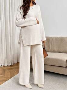 SHEIN Maternity Solid Color Crew Neck Side Slit Hem Sweater And Adjustable Waist Knit Long Pants Casual Set Winter - Apricot - View 4