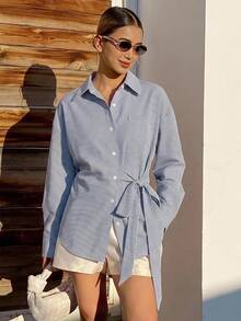 Livesso Fall Loose Business Casual Smart Casual Coastal Chic Elegant Office Wear Brunch Blue And White Stripe Long Sleeve Women's Blouse Cinched Waist Design - Blue - View 2