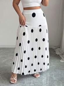 Elenzga Plus Size Women's Woven Regular Fit French Elegant Date Commute Pleated Colorblock Black Polka Dot Skirt, Summer/Autumn Fall - Black and White - View 5