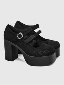 Sugerpunk Women Shoes Fashionable And Sexy Platform High-Heeled Shoes, Punk Style Gothic Solid Color Flower Embroidery Design Silver Adjustable Buckle - Graphite Black - View 2