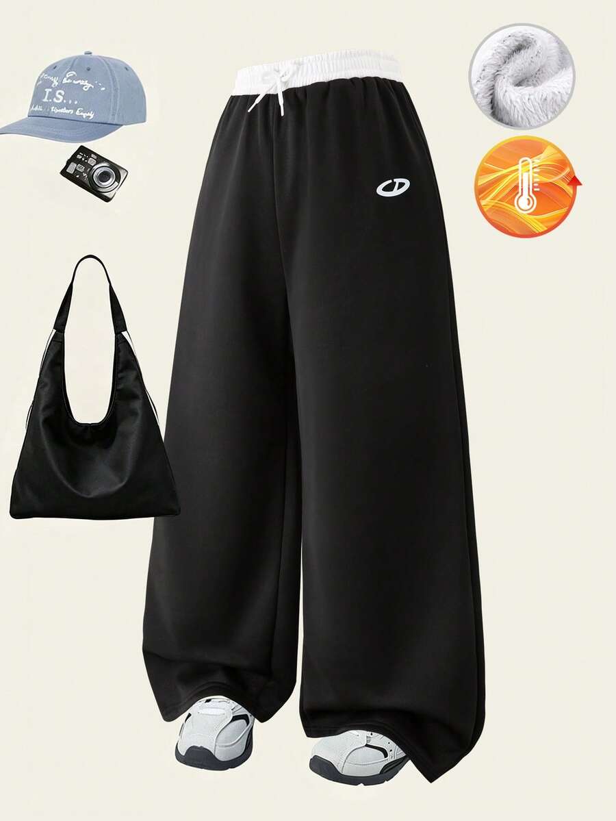 SHEIN Teen Casual All-Match Versatile Street Straight Wide Leg Color Block Patchwork Double Waist Design Thermal Lined Sweatpants Autumn/Winter - Black - View 1