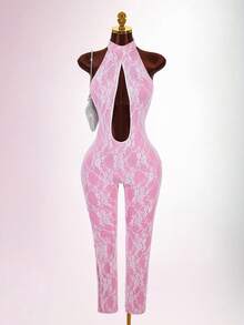 Amplova Women's Lace Cutout Design Sexy Halter Neck Jumpsuit - Pink - View 4