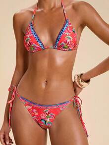 Travachic Women's Summer Beach Floral Print Halter Tie Sexy Fashion Bikini Two-Piece Swimsuit Set - Multicolor - View 1