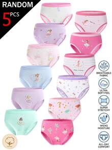 SHEIN 5pcs/Lot Random Assorted Colors Cute Fairy Print Cotton Triangle Panties For Young Girl, All Seasons, Multi-Pattern - Multicolor - View 1