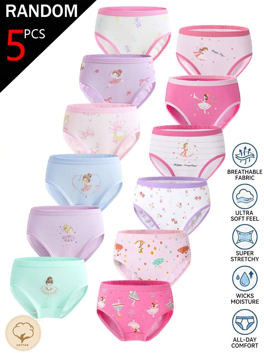 SHEIN 5pcs/Lot Random Assorted Colors Cute Fairy Print Cotton Triangle Panties For Young Girl, All Seasons, Multi-Pattern - Multicolor - View 1