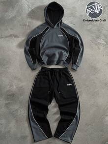 PAVTROS Men's Colorblock Patchwork Hoodie & Sweatpants Set - Dark Grey - View 1