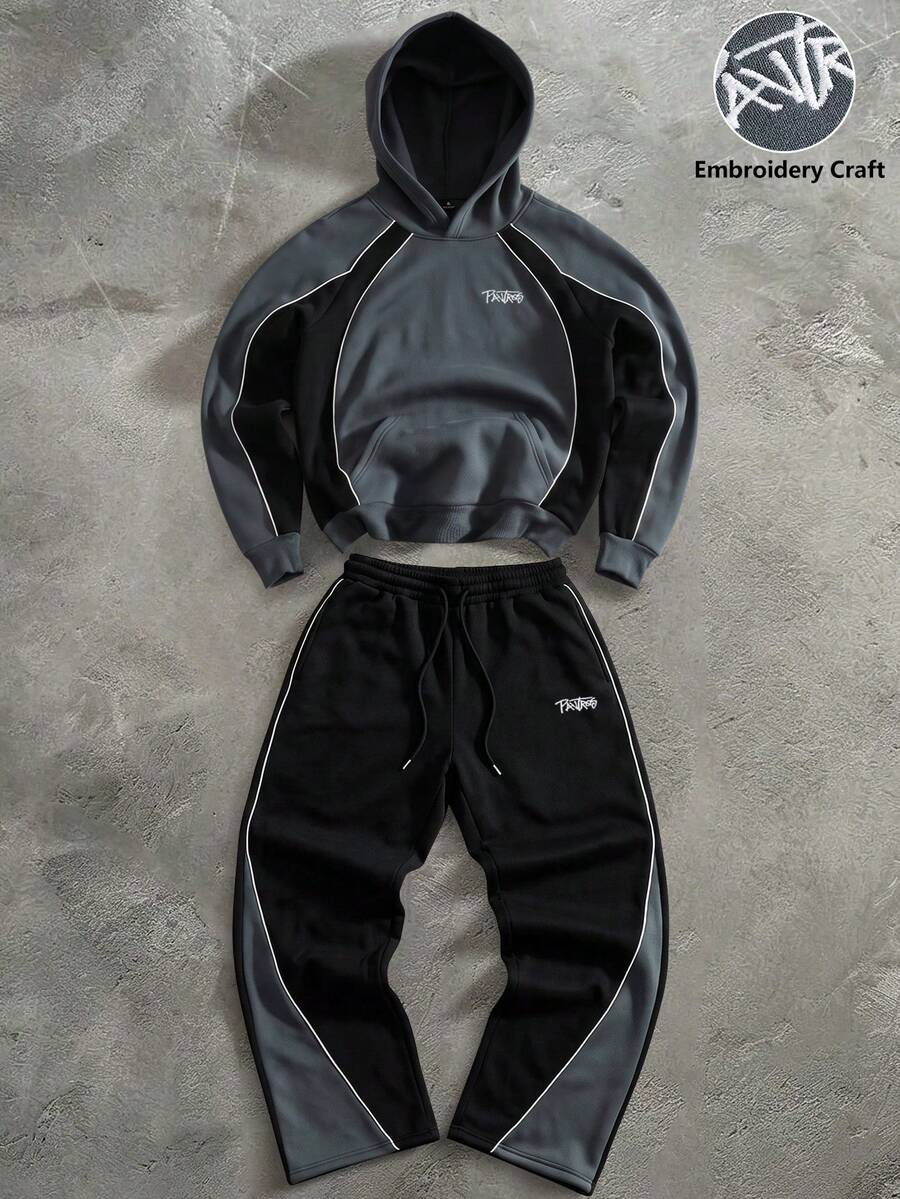 PAVTROS Men's Colorblock Patchwork Hoodie & Sweatpants Set - Dark Grey - View 1