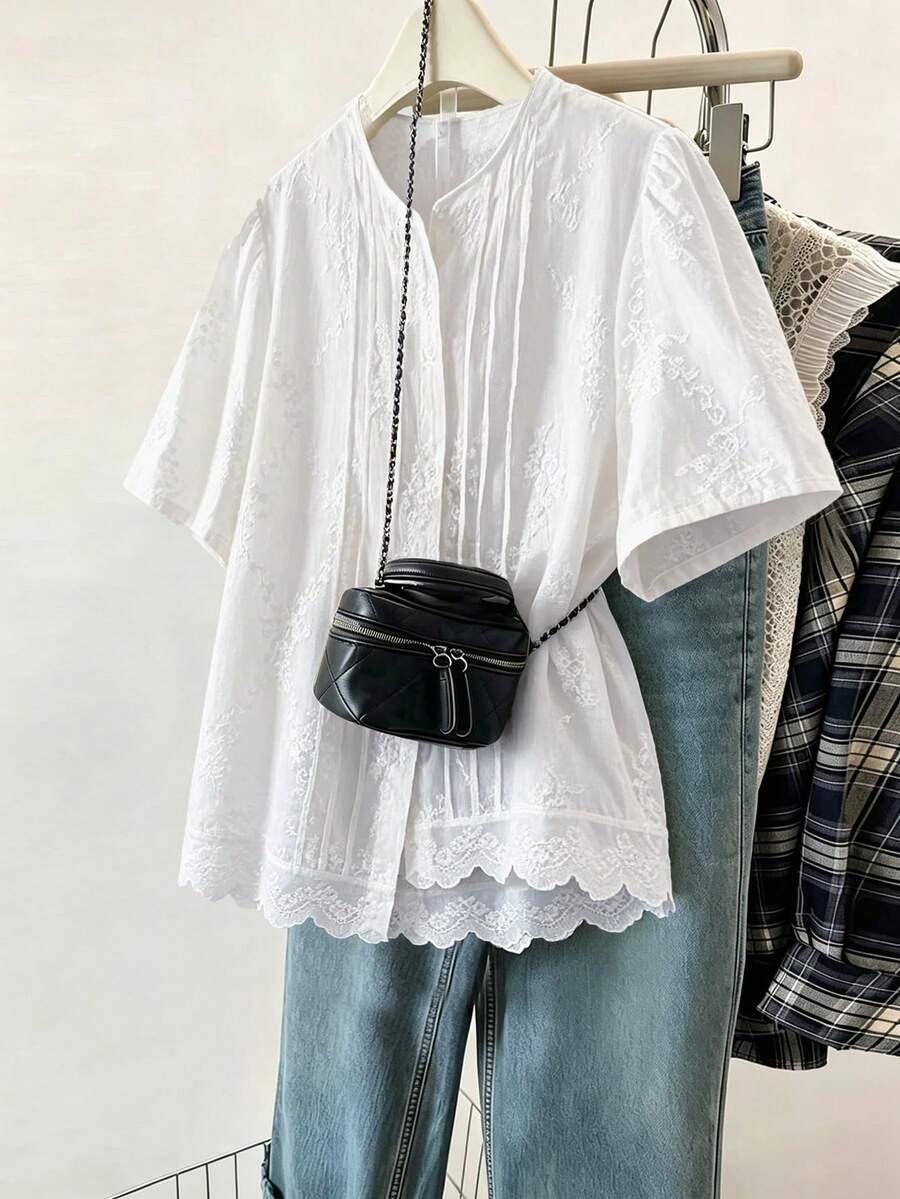 EMERY ROSE Plus Size Summer Casual Elegant Solid Color Floral Embroidered Shirt Evening Formal Dinner Allover White - White - View 1