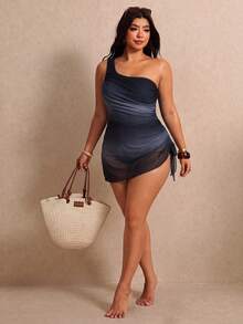 Elaquor Traje de baño de una pieza para mujer talla grande, tejido elástico, un hombro, estampado tropical sexy para playa, ropa de baño casual para vacaciones de verano - Multicolor - Ver 8