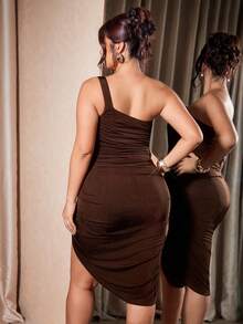 Cravure Women's Elegant Asymmetrical Neckline Patchwork Draped Slim Fit Bodycon Plus Size Summer Dress - Coffee Brown - View 2