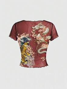 ROMWE Avant 暗黑街頭休閒龐克辣妹虎龍印花網紗女款T恤上衣 夜店風 深紅色 夏季 - 紅色 - 查看 2