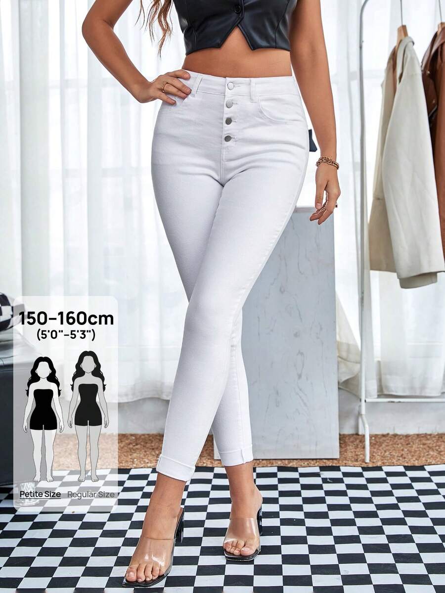 SHEIN PETITE Women's Sexy Fashion Fitted Button Pocket Denim Cropped Pants - White - View 1