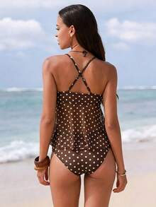 Swim Vcay 女款夏季海灘休閒度假黑色波點印花綴珠裝飾背心比基尼套裝 - 棕色 - 查看 2