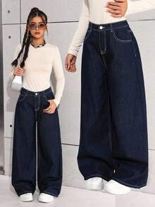 SHEIN Teen Girl Loose Wide Leg Dark Blue Denim Jeans - Dark Wash - View 2