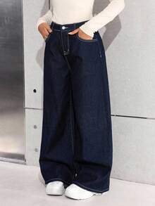 SHEIN Teen Girl Loose Wide Leg Dark Blue Denim Jeans - Dark Wash - View 6