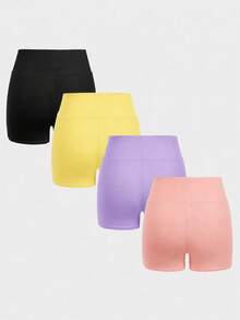 SHEIN Girlism Bộ 4 quần short yoga cạp cao len dệt màu trơn phong cách thường ngày cho bé gái tuổi teen, mùa xuân/hè - Nhiều màu - Xem 2