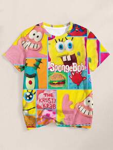 SpongeBob SquarePants | SHEIN 男童休闲卡通印花圆领短袖T恤，夏季 - 白色 - 查看 1