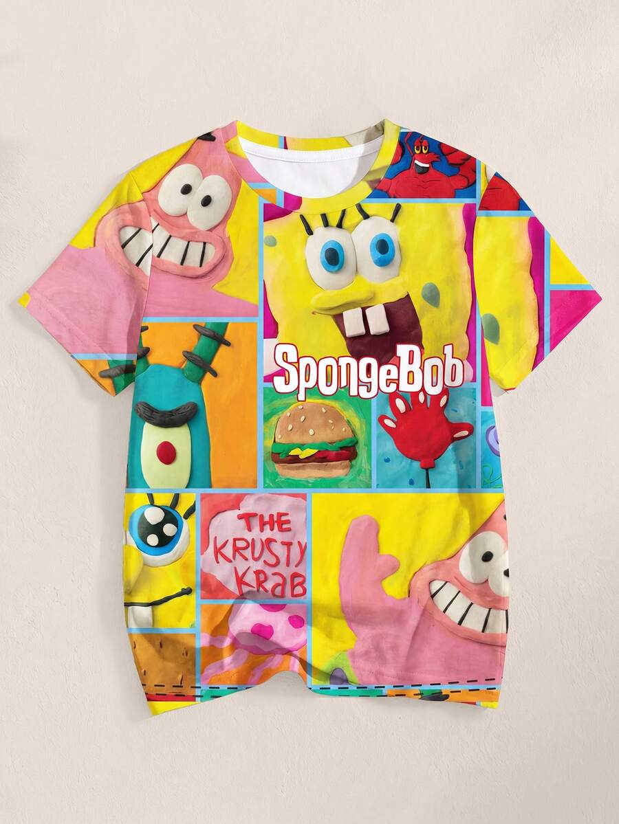 SpongeBob SquarePants | SHEIN 男童休闲卡通印花圆领短袖T恤,夏季 - 白色 - 查看 1