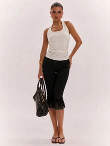 SHEIN BAE Women's Solid Color Contrast Lace Ruffle Hem Fashion Capri Length Pants - Black - View 4