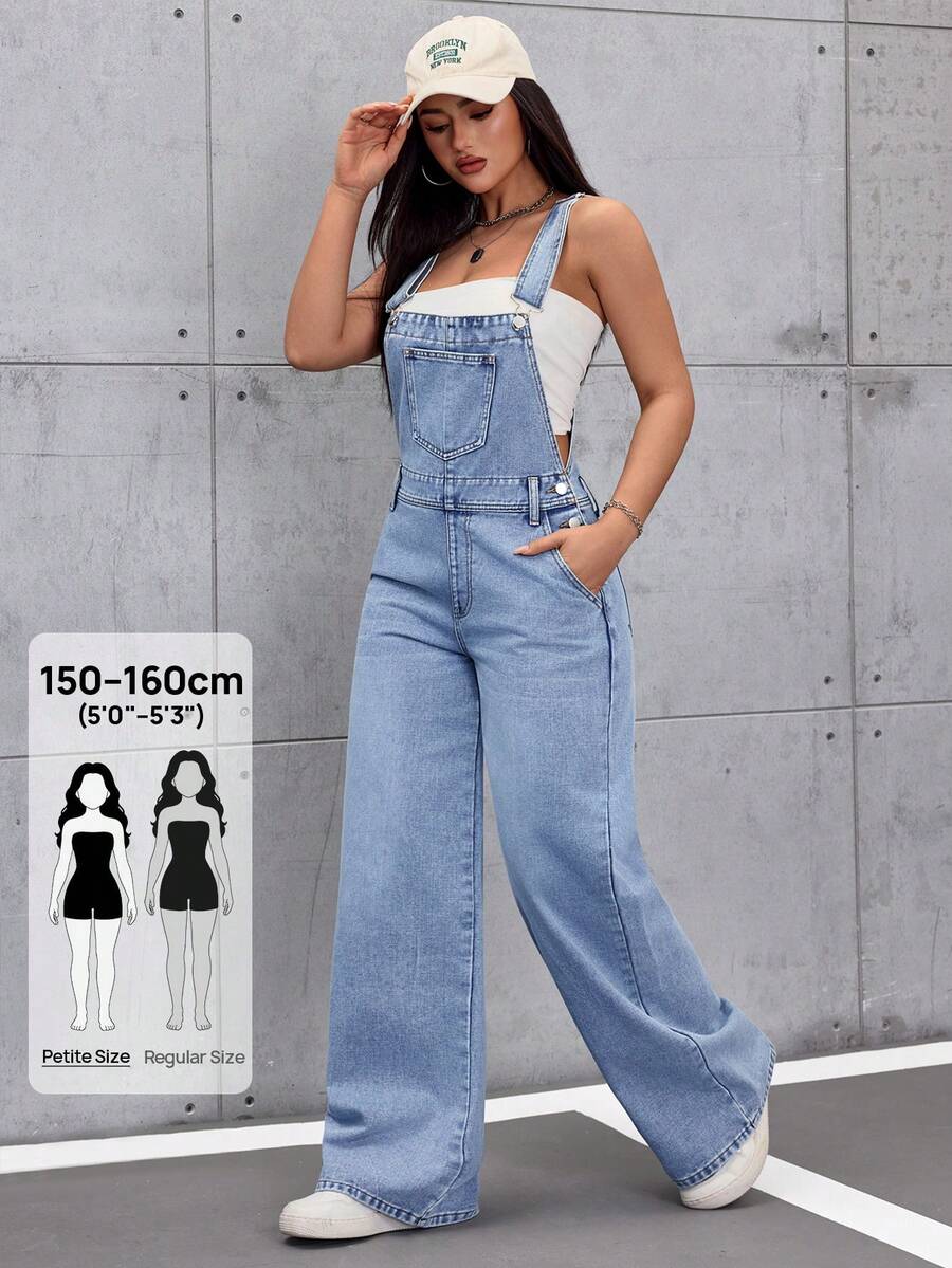 SHEIN PETITE Women's Casual Streetwear Daily Everyday Denim Overalls Light Blue Autumn - Light Wash - View 1