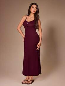 Lazeform Gaun Camisole Slim Fit yang Menawan dengan Hiasan Kancing dan Rumbai untuk Pakaian Rumahan Wanita - Burgundy - View 6