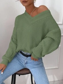 SHEIN Cottnline V Neck Drop Shoulder Sweater - Lime Green - View 3