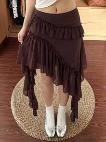 SHEIN MOD Plus Size Women's Asymmetrical Ruffle Hem Skirt Fall - Coffee Brown - View 2